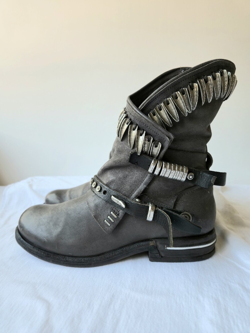 A.S.98 Torey Women's Distressed Leather Studded Moto Boots Gray Size 38/US 7.5-8